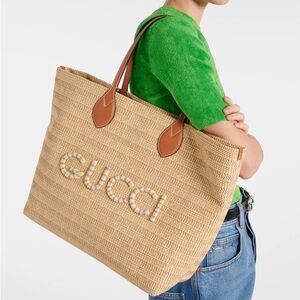 AUTHENTIC Gucci  logo leather-trimmed tote bag